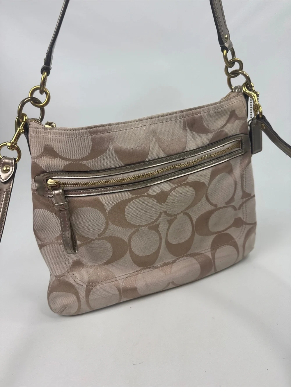 Coach Signature C Canvas Crossbody Bag Beige Gold Leather Trim Coral lined
